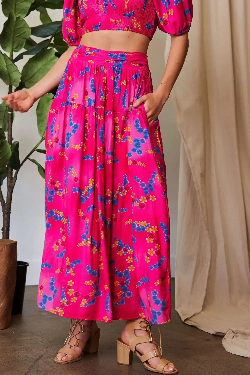 And Printed Smocking Waistband Ruffled Maxi Skirt
