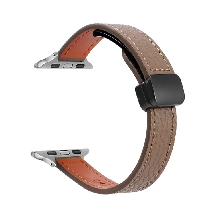 Slim Magnetic Buckle Genuine Leather Watch Band for Watch Series 8 41 mm - Litchi Coffee