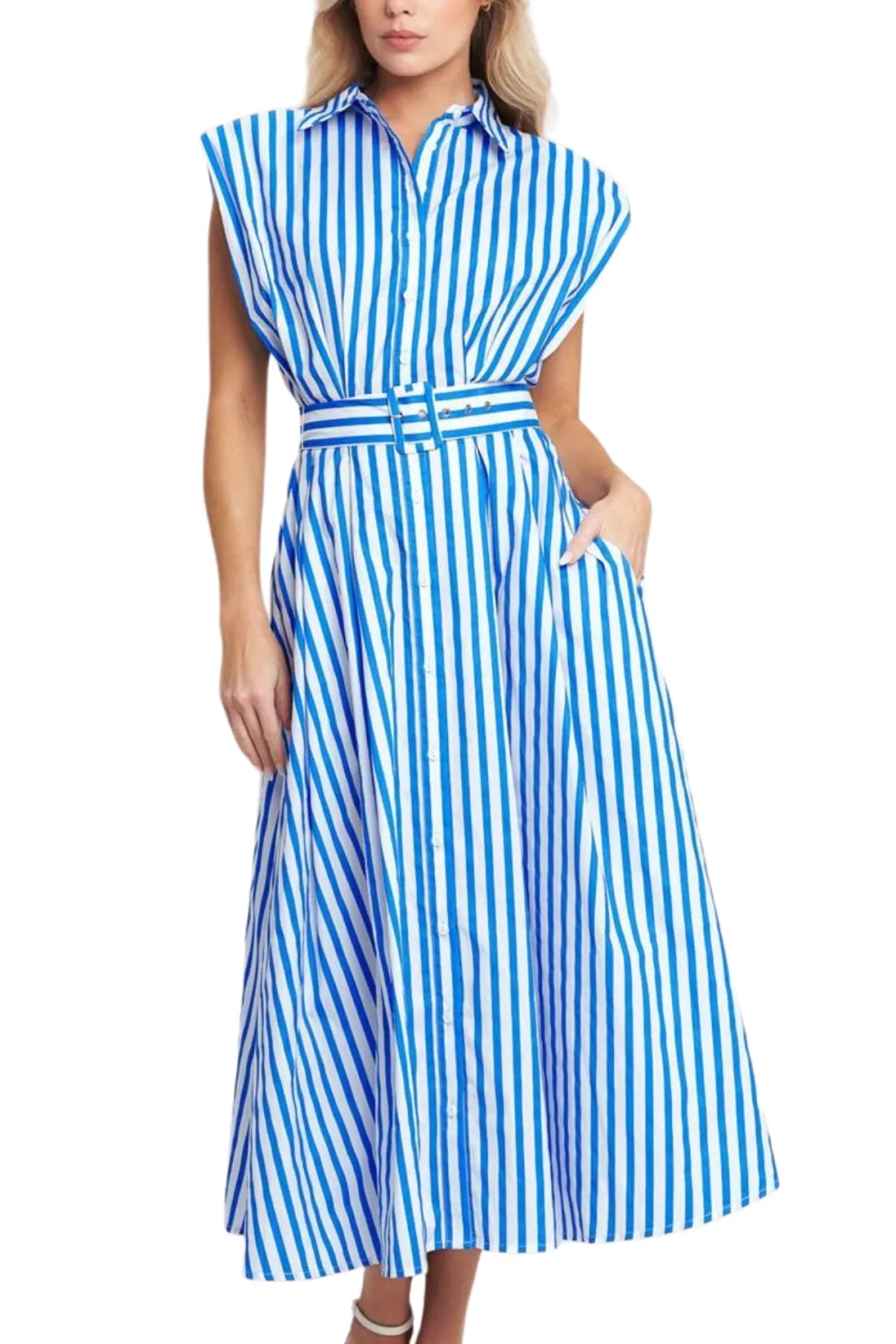 Striped Button Down Short Sleeve Midi Dress