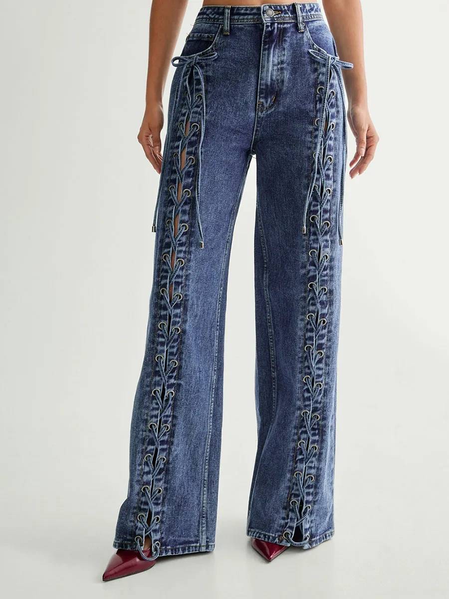 Women's Side Lace-Up Accent Wide-Leg Jeans