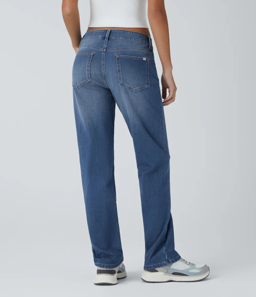 Magic Low Rise Button Zipper Multiple Pockets Straight Leg Washed Stretchy Knit Casual Jeans