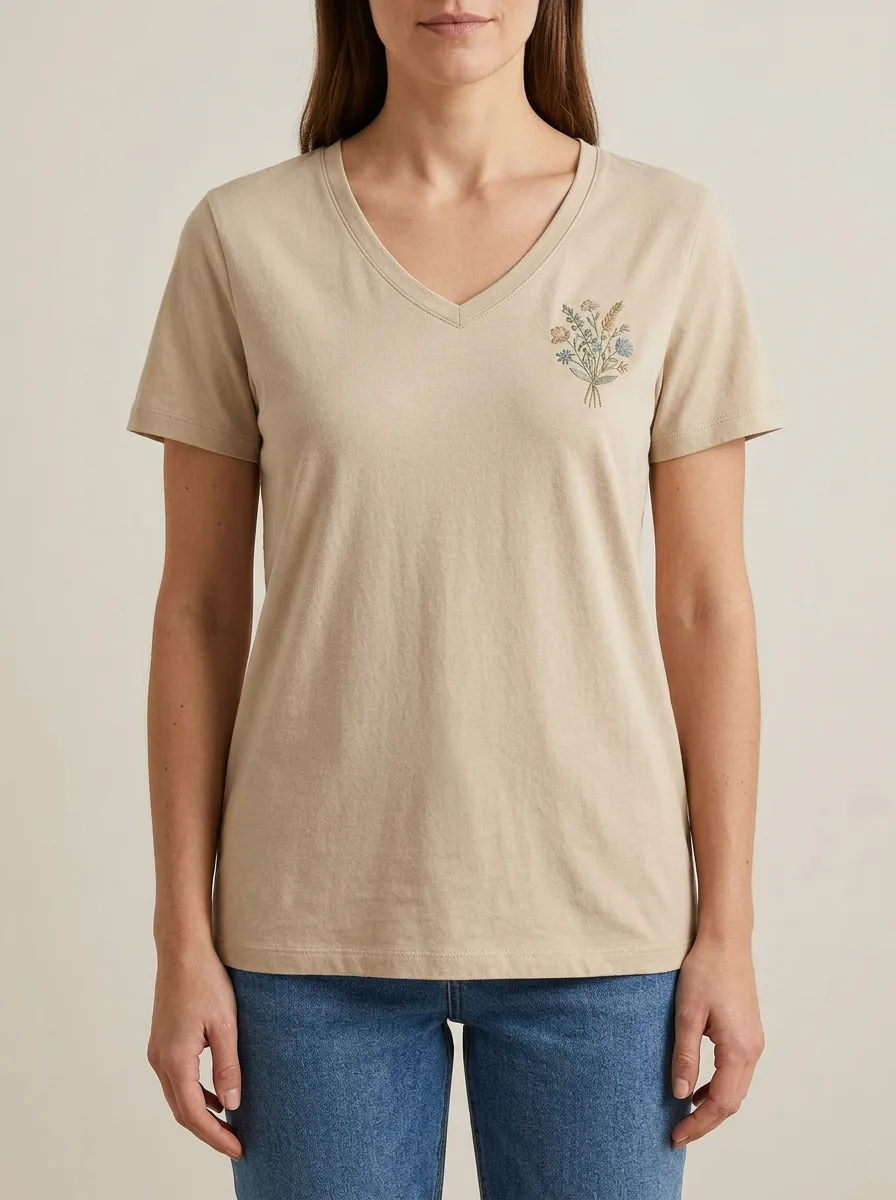 Women's Short-Sleeve Floral-Embroidered V-Neck T-Shirt