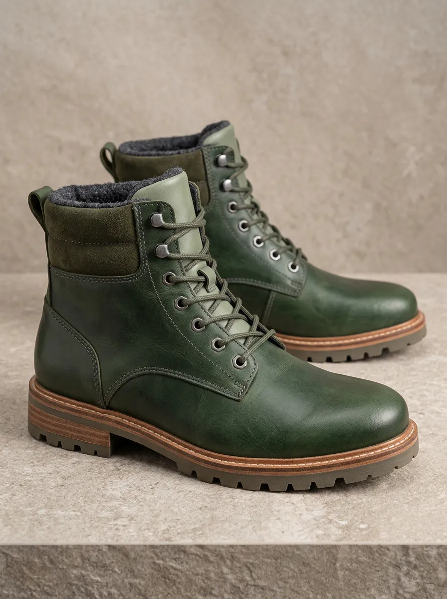 Men's Olive Green Lace Up Combat Boots with Leather and Printed Detail