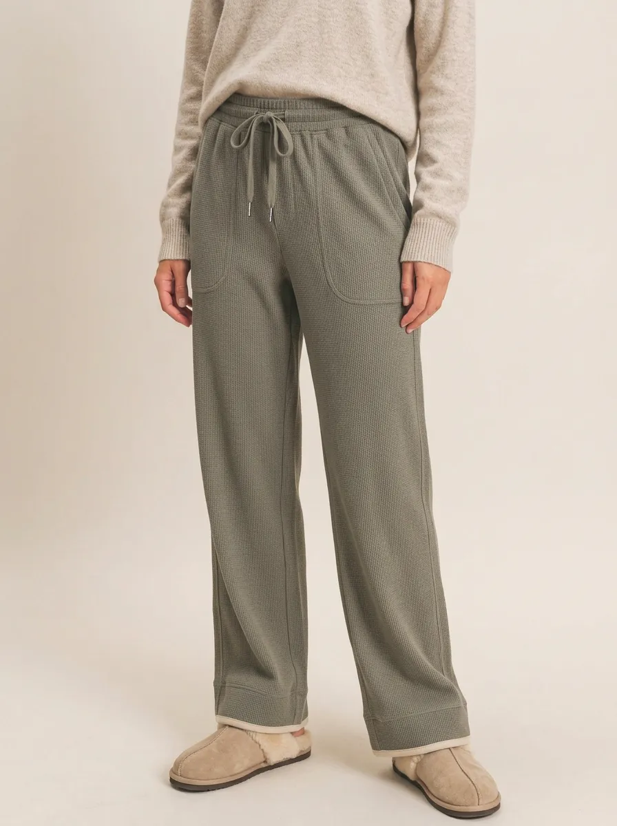Women's Casual Lounge Waffle Knit Drawstring Pocket Pants