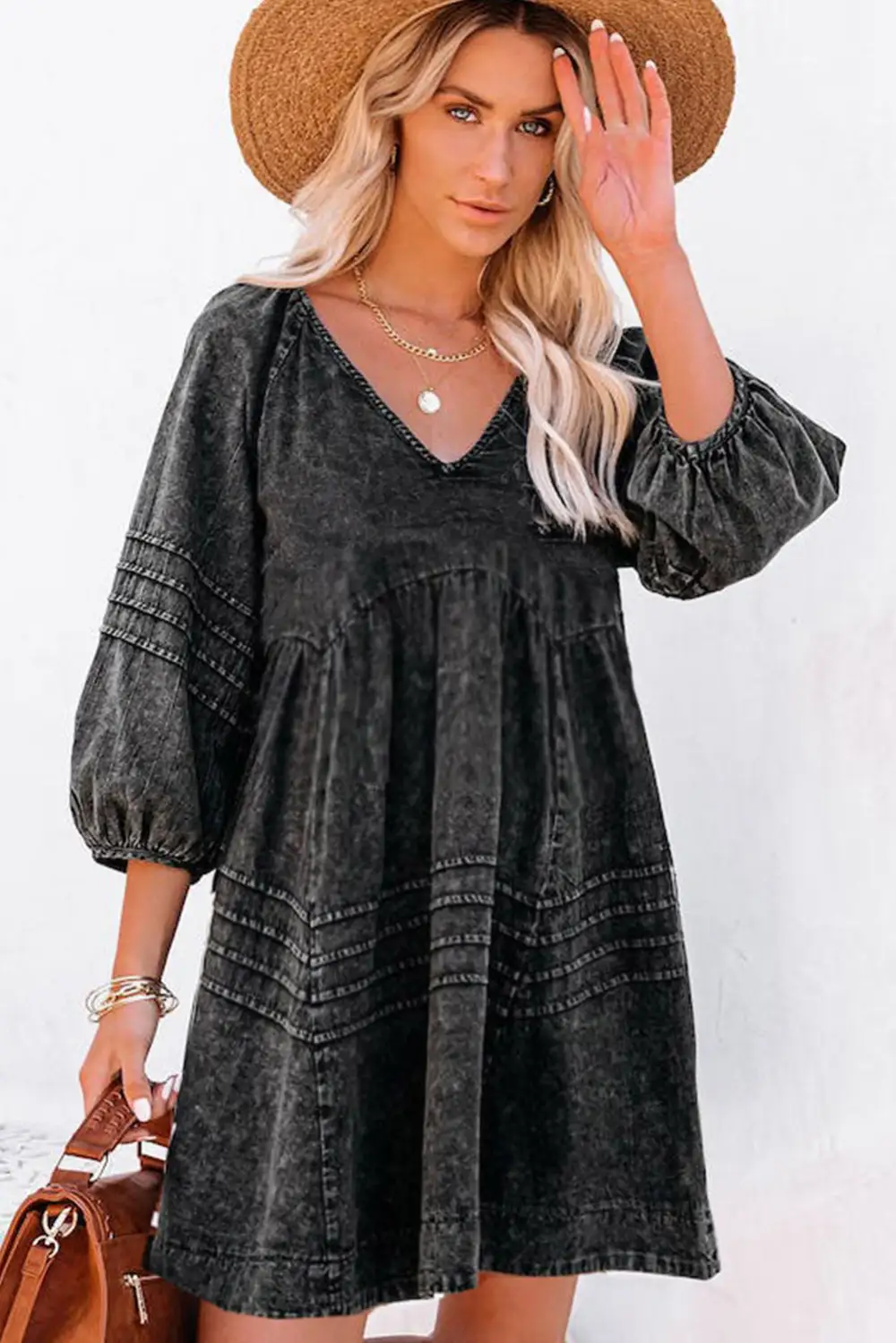 Pleated V Neck Puff Sleeve Denim Babydoll Dress