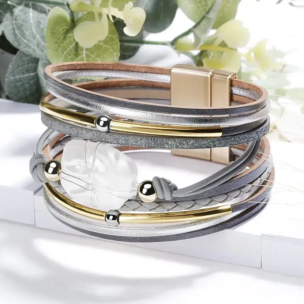 Fesciory Leather Wrap Bracelets for Women, Boho Leopard Multi-Layer Crystal Beads Cuff Bracelet Jewelry