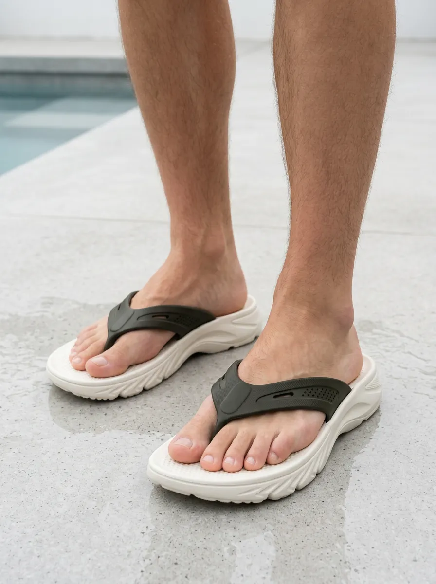Men's Olive Green Strap White Sole Printed Flip Flops