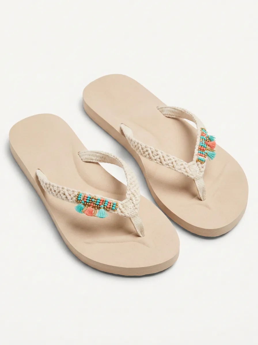 Women's Boho Beach Style Beaded Tassel Braided Flip Flops