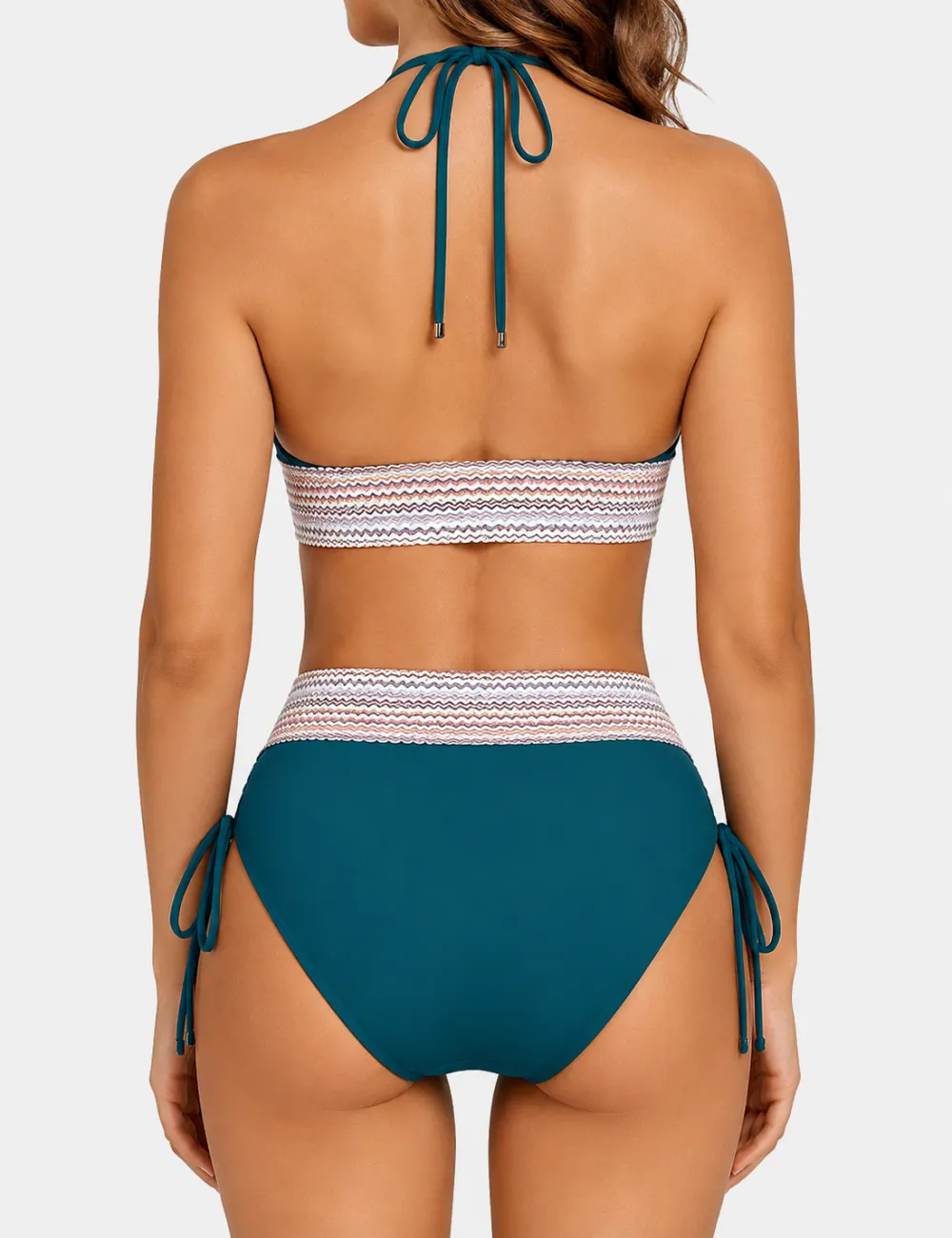Deep V Neck Colorful Zigzag Smocked Trim Bikini Set