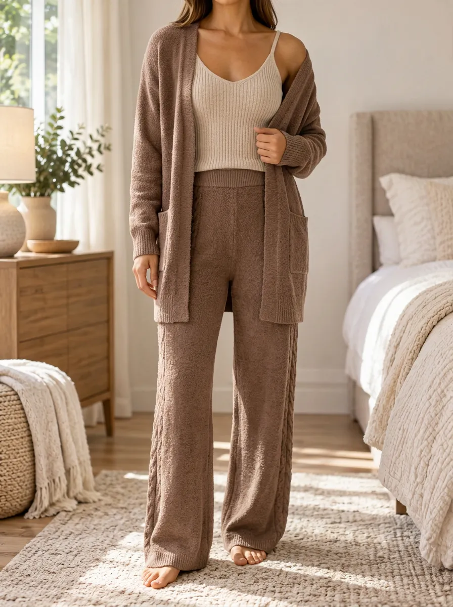 Women's Laid Back Cable Knit Cardigan Tank Top And Pants Matching Set