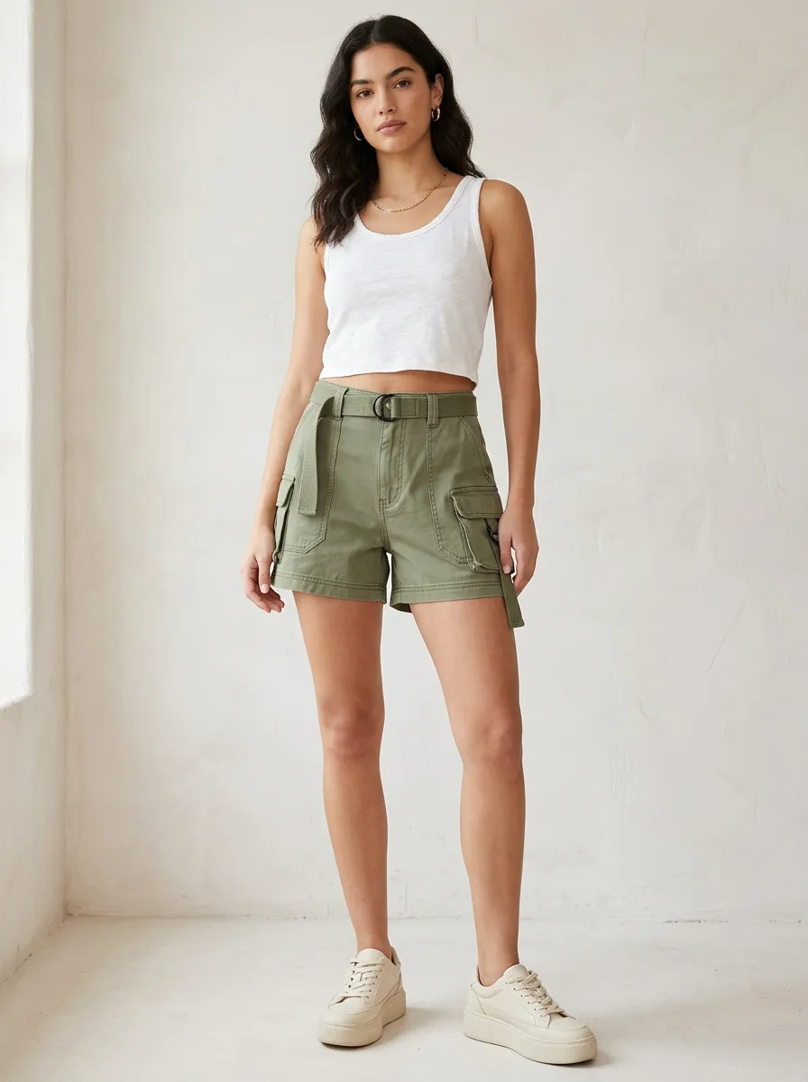 Women's Casual Outdoor Olive Green Belted Cargo Shorts