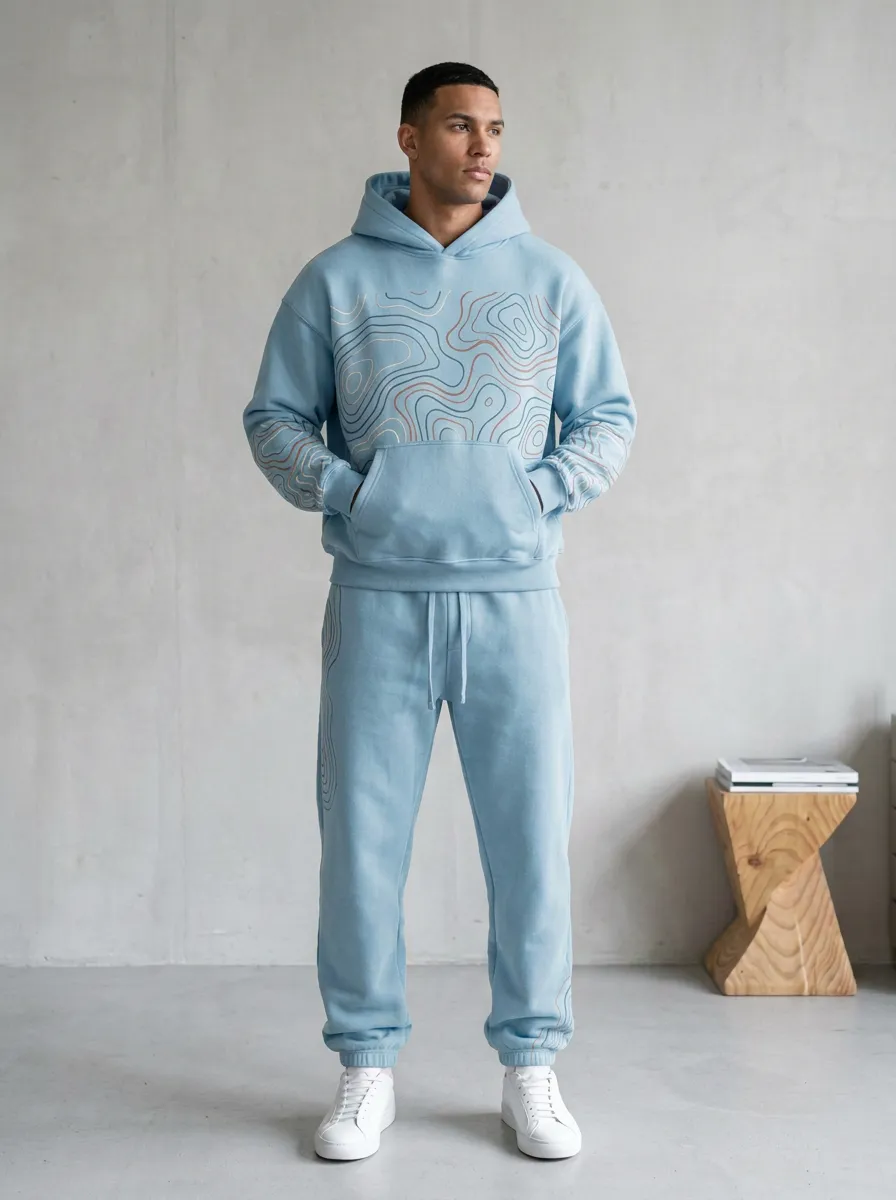 Men's Outdoor Enthusiast Topographic Map Printed Hoodie Sweatsuit