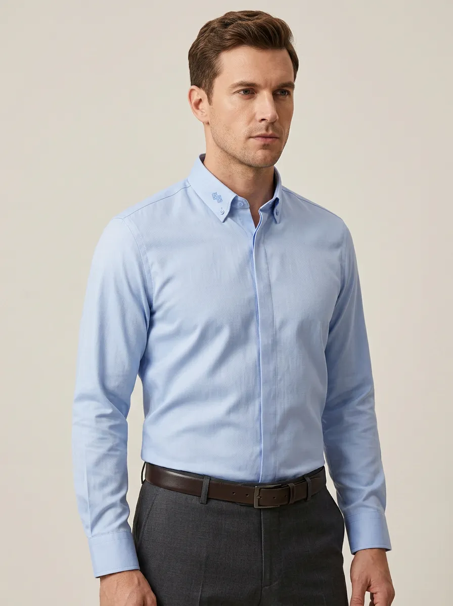 Men's Non-Iron Cotton Embroidered Collar Button-Down Shirt