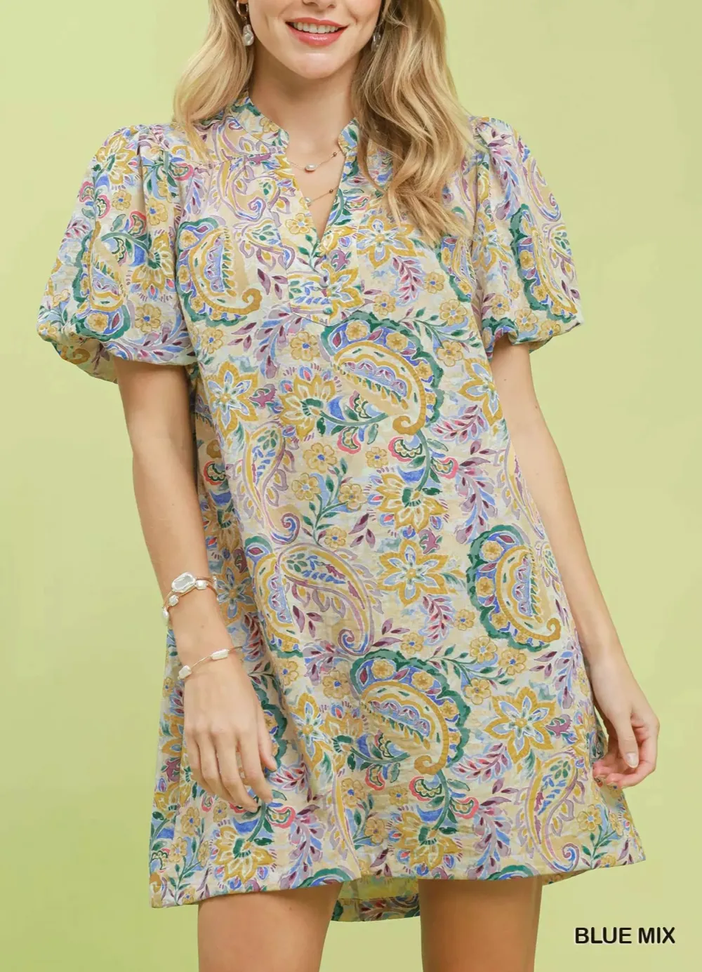Everyday Paisley Print Puff Sleeve Shift Dress