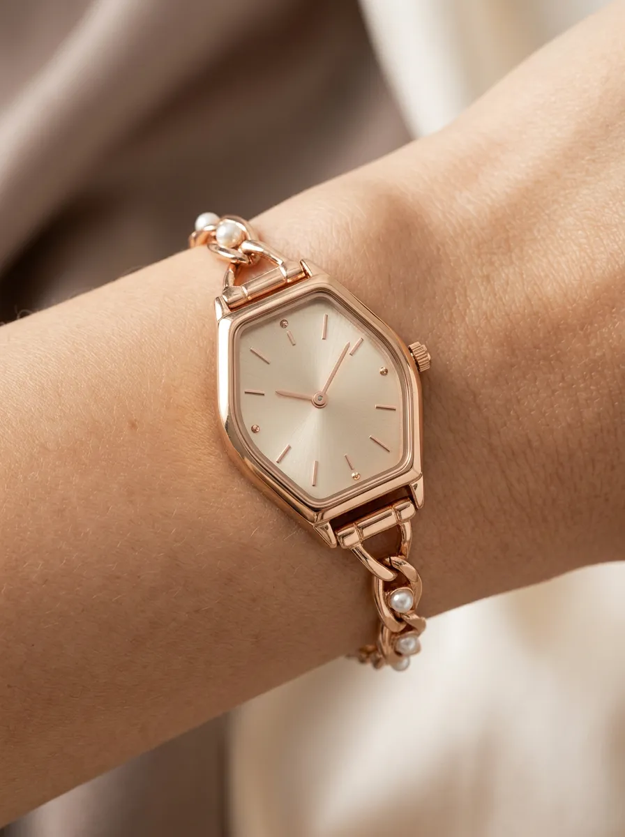 Rose Gold Hexagonal Case Watch With Pearl Chain Strap