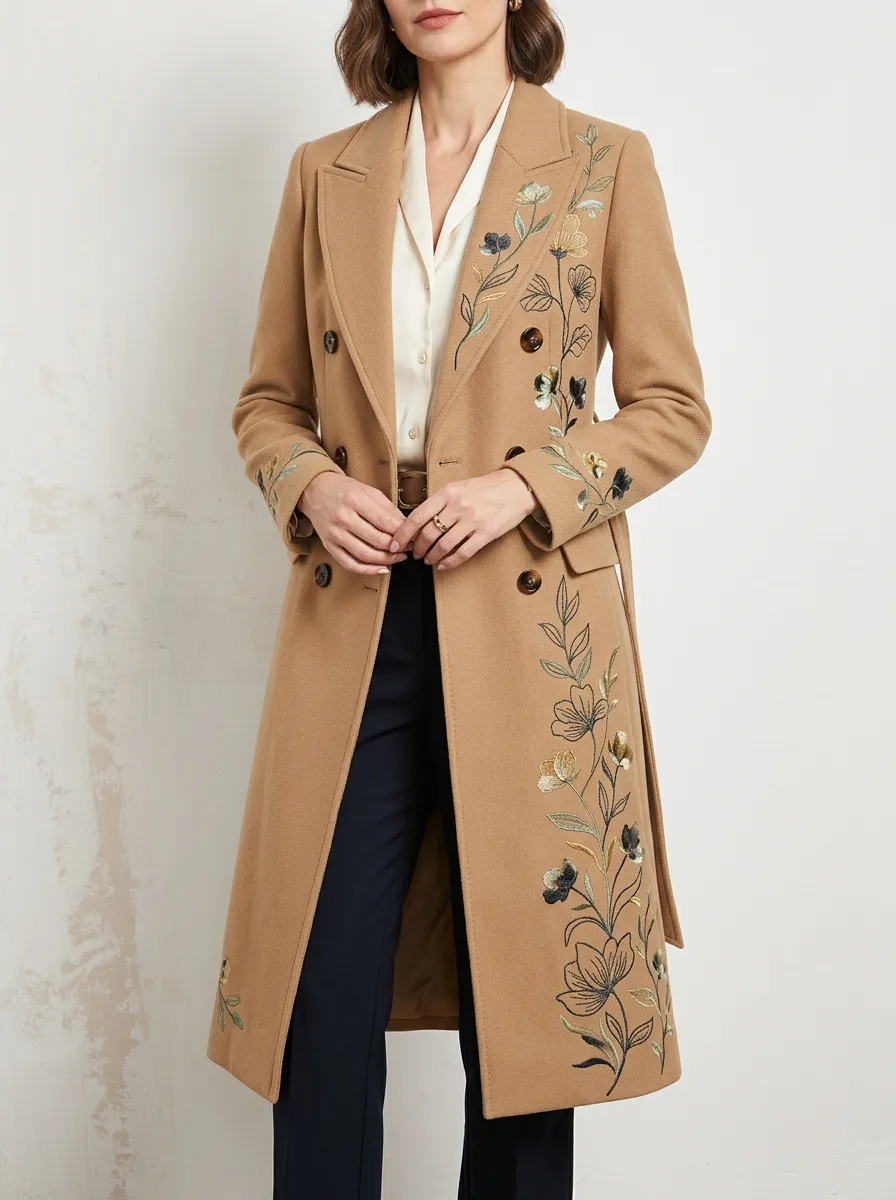 Women's Floral Embroidered Camel Coat