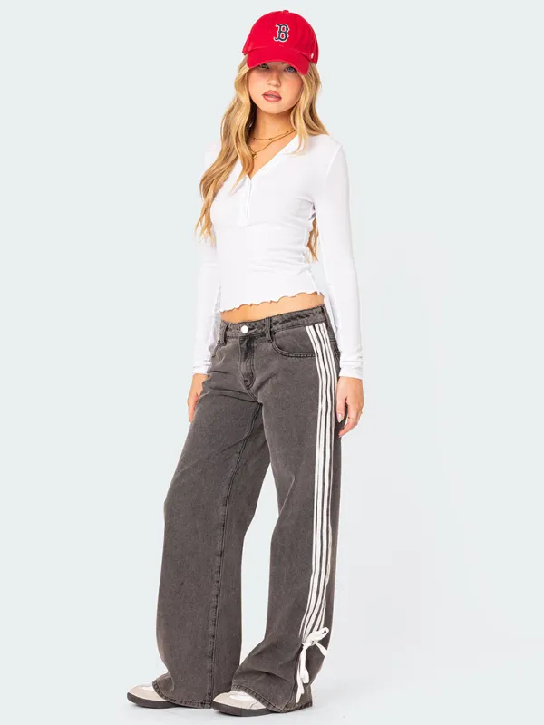 Casual Wide Leg Drawstring Denim Jeans