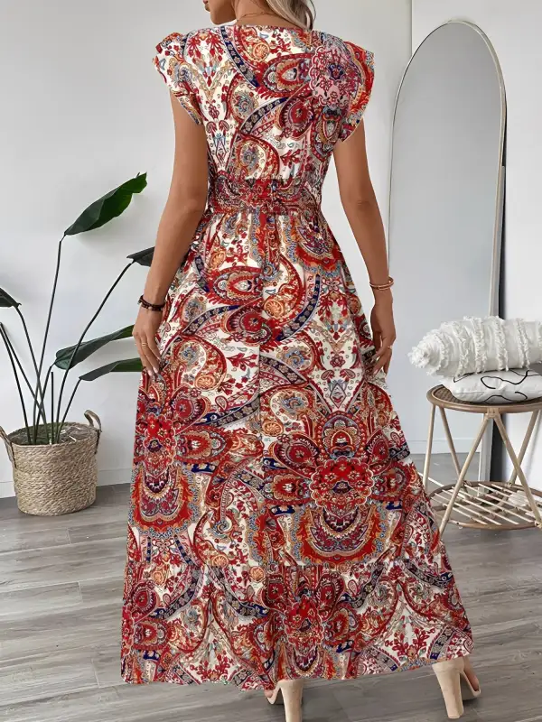 Boho Floral V-Neck Ruffle-Sleeve Smocked Maxi Dress