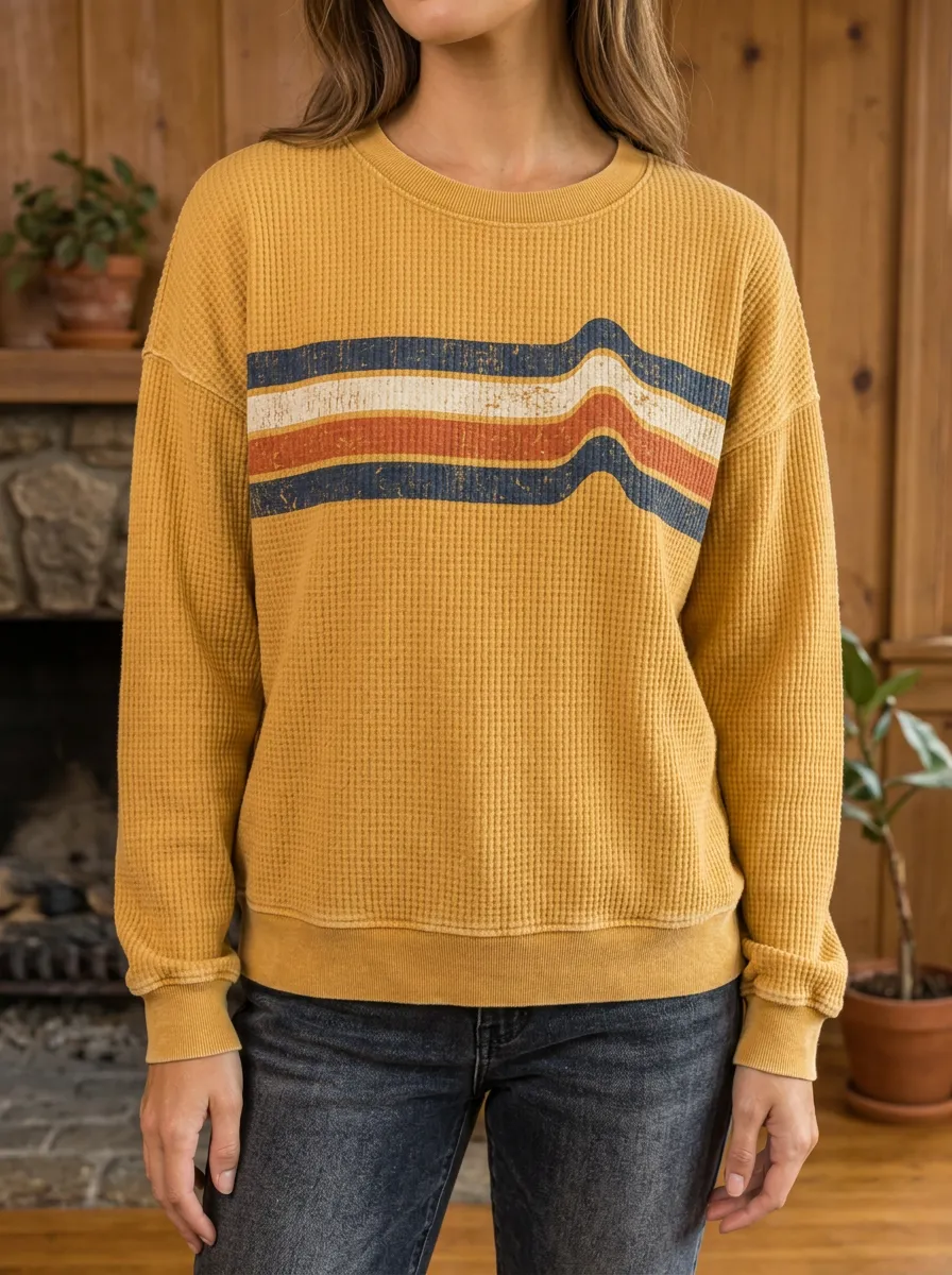 Women's Retro Stripe Waffle Knit Printed Sweatshirt