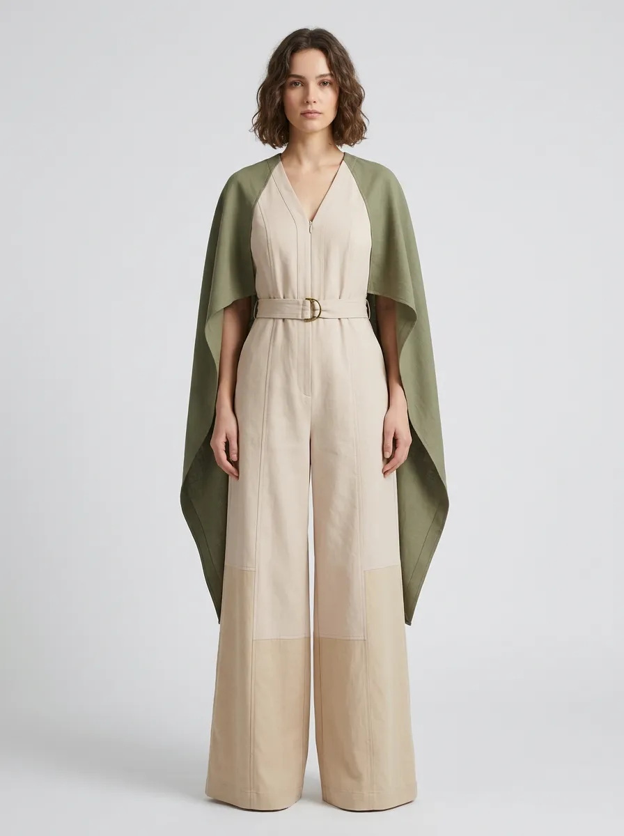 Women's Elegant Cape Style Colorblock Belted Jumpsuit
