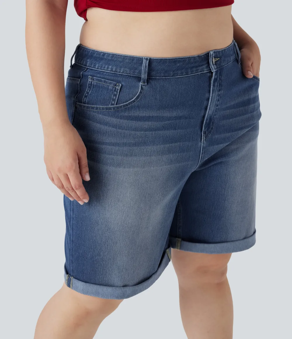  High Waisted Multiple Pockets Rolled Hem Washed Stretchy Knit Denim Casual Plus Size Bermuda Shorts