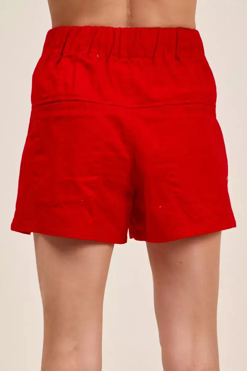 High-Waist Drawstring Ruffled Button-Front Denim Shorts