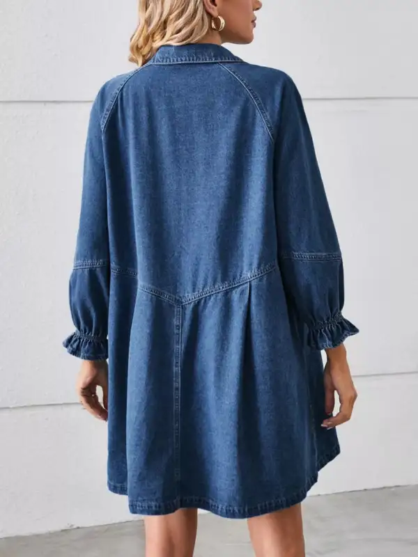 Gathered Detail Denim Button Front Ruffle Dress