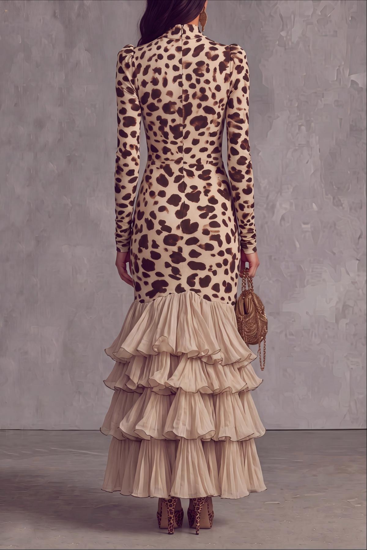 Plunge Neck Leopard Pattern Midi Dress