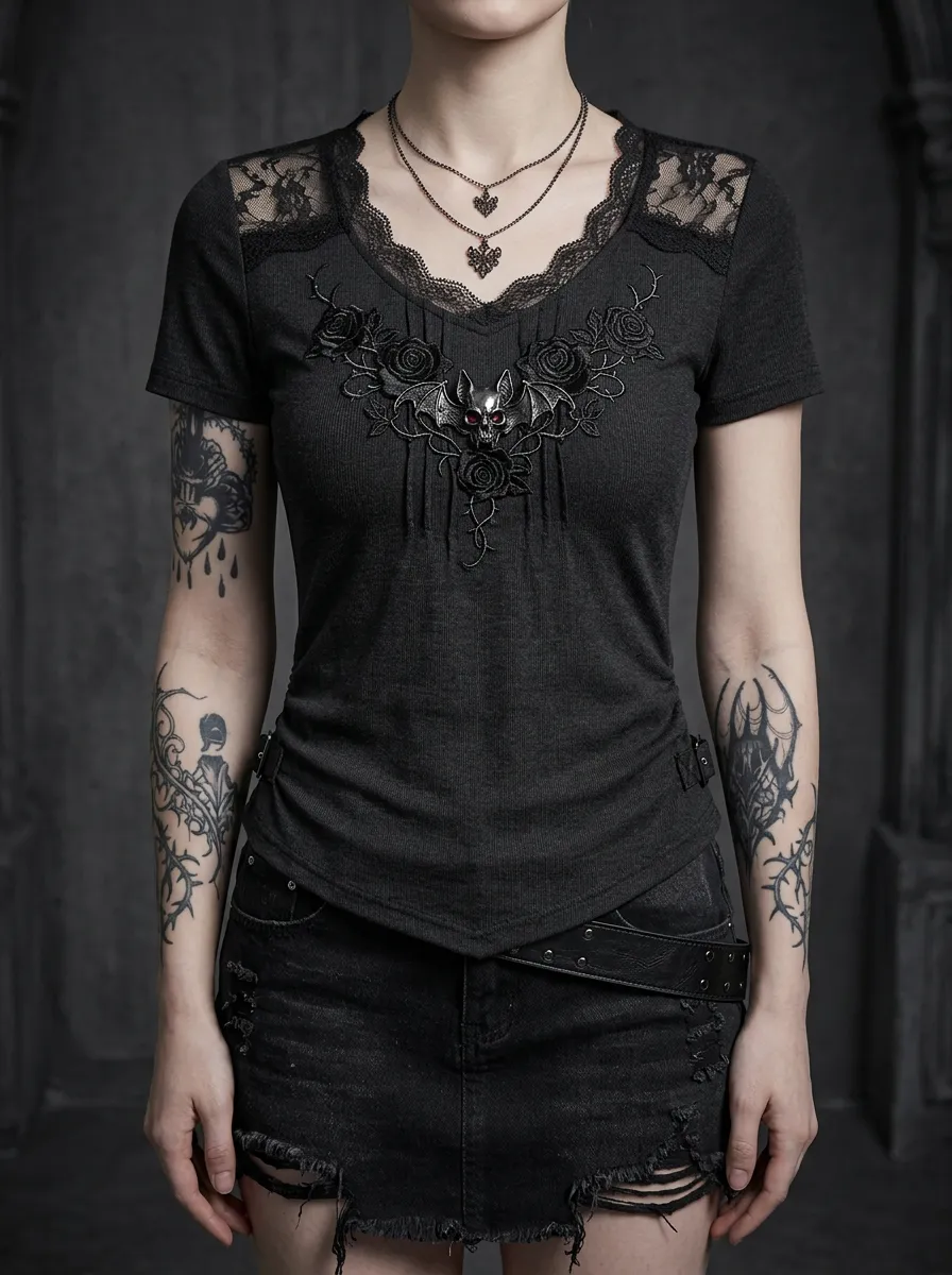 Moonlit Bat Rose Lace Alternative Look Women's Gothic T-Shirt
