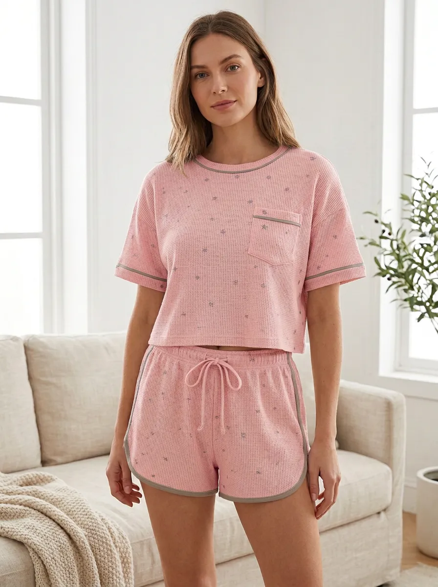 Women's Minimalist Star Pattern Waffle Knit Printed Loungewear Set