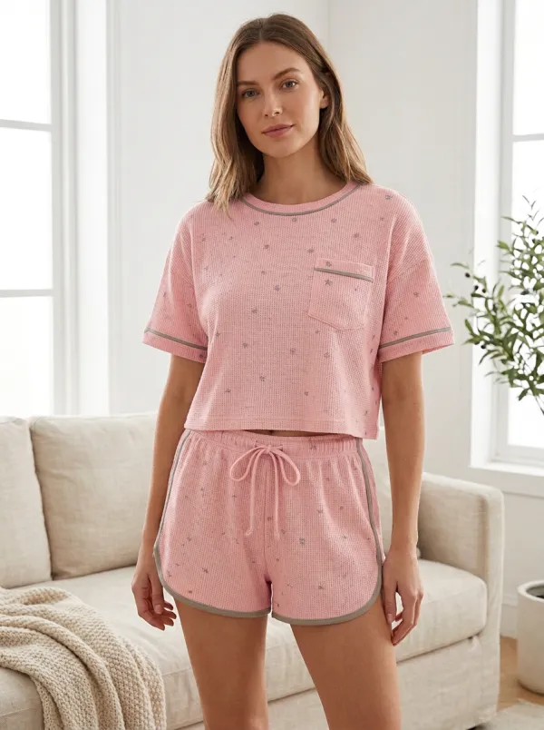 Women's Minimalist Star Pattern Waffle Knit Printed Loungewear Set