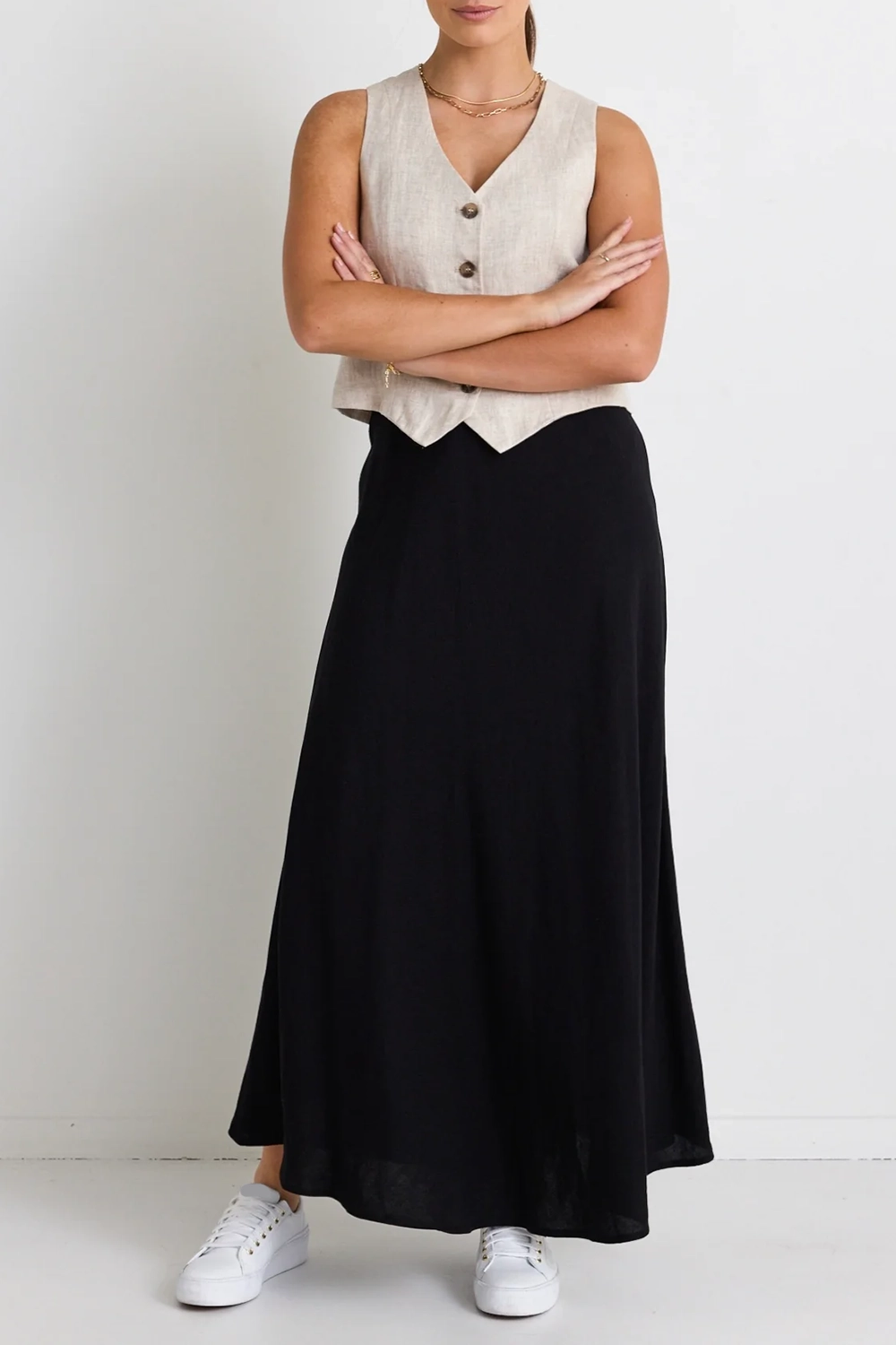 Black Linen Mixed Media Maxi Skirt