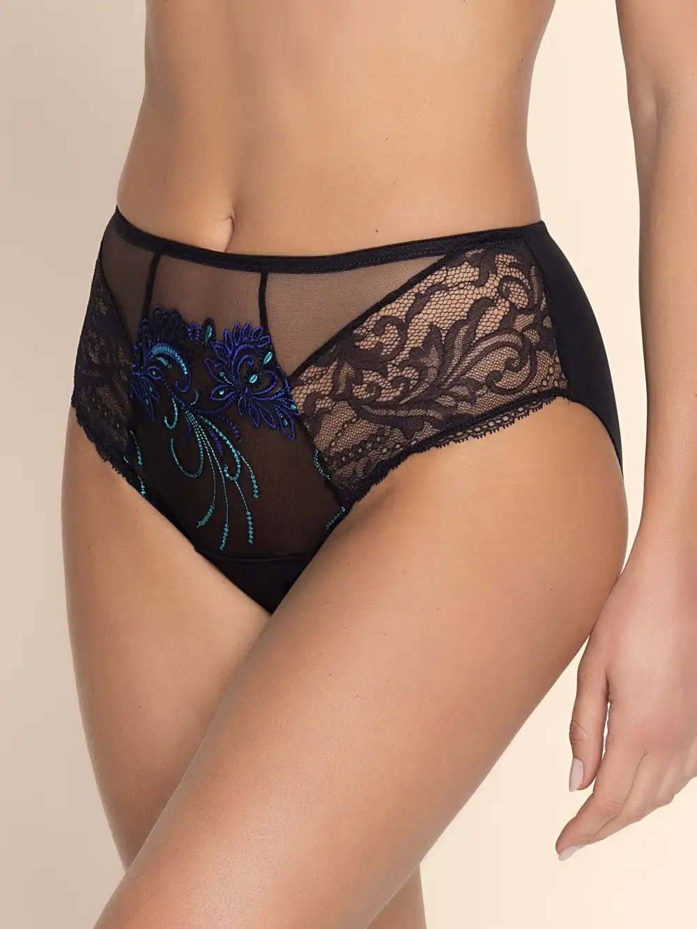 Women's Full Coverage High Waist Flat Seams Elastic Waistband Cotton Gusset Lace Embroidery Mesh Sheer Detail Cotton Shaping Lightweight Brief Panty