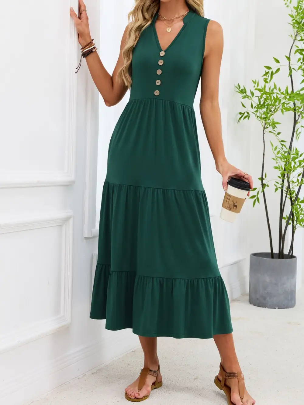 Sleeveless Notched Tiered Midi Dress