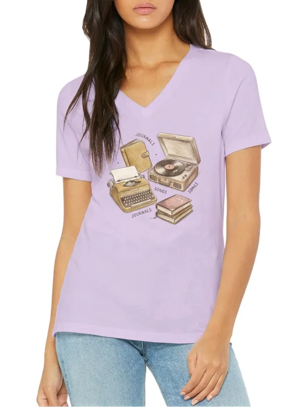 Women's Vintage Writer Music Typewriter Record Player Graphic V-Neck T-Shirt