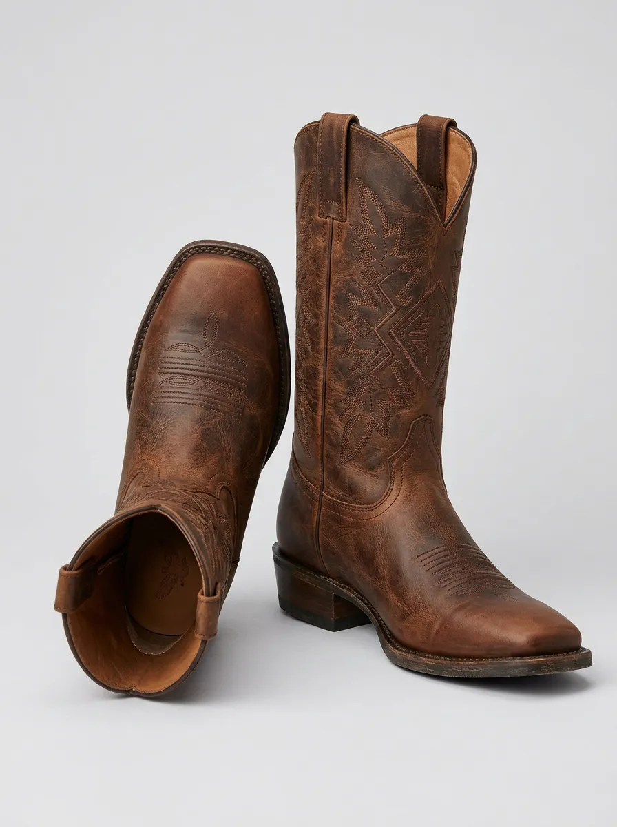 Men's Western Cowboy Brown Leather Embroidered Square Toe Boots