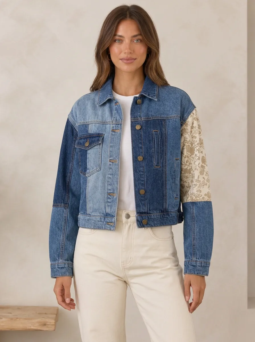 Women's Vintage Style Floral Patchwork Printed Denim Jacket