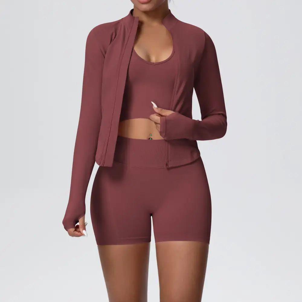 Long-Sleeve High-Waist Jacket, Bra and Vest Active Set
