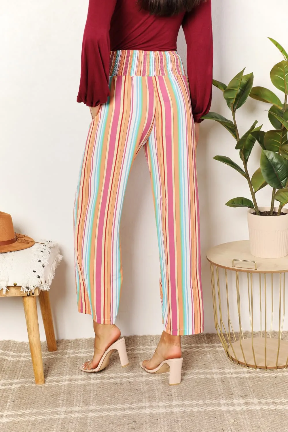 Daily Striped Smocked Waist Pants With Pocket