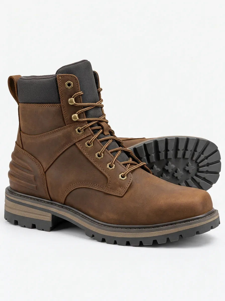 Men's Leather Work Boots with Patterned Detail