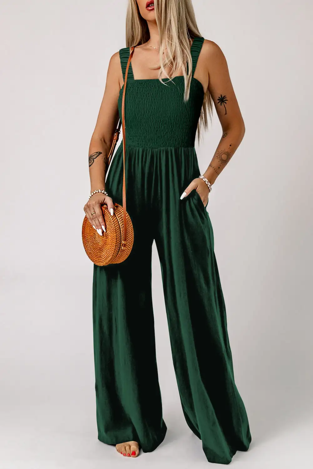 Ginger Smocked Sleeveless Wide Leg Pockets Jumpsuit