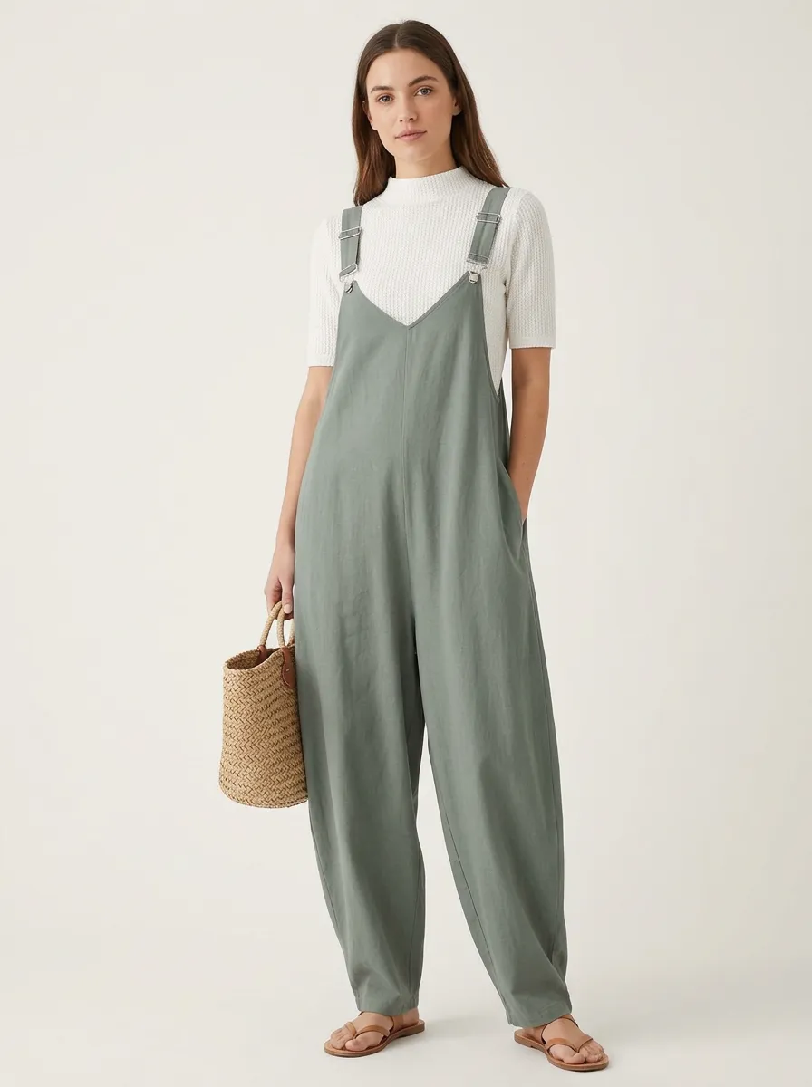 Women's V-Neck Buckle-Strap Tapered Overall Jumpsuit