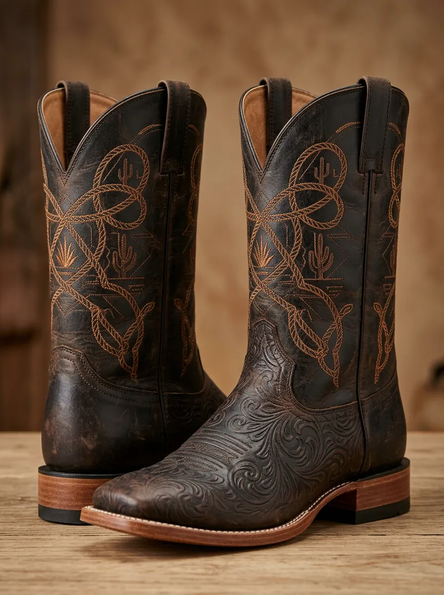 Unisex Classic Western Cowboy Cactus Rope Embroidered Cowboy Boots