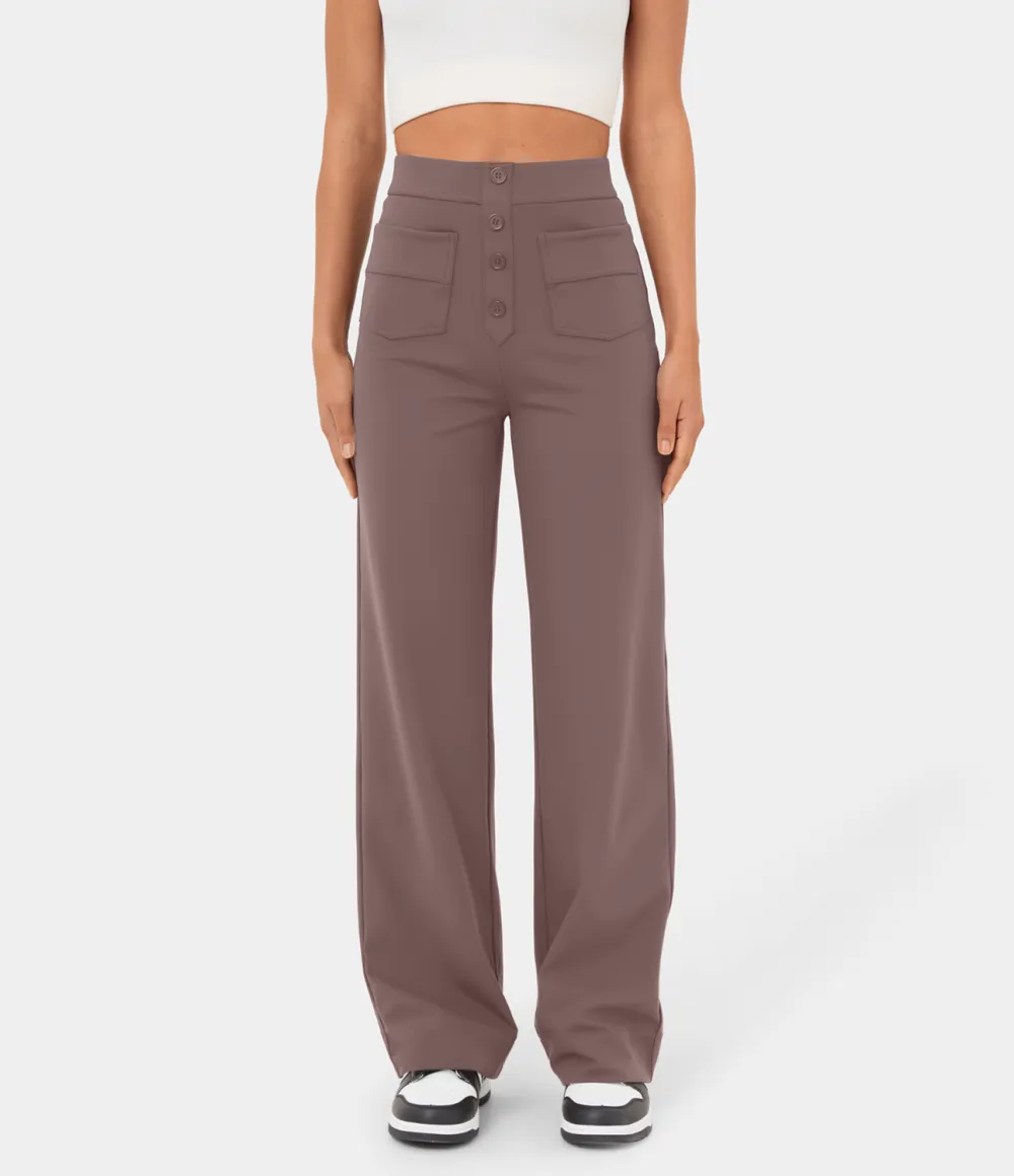 High Waisted Button Multiple Pockets Straight Leg Casual Pants