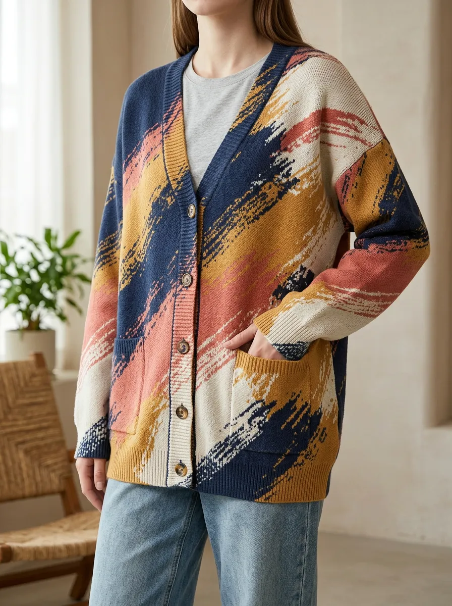 Women's Abstract Brushstroke Pattern Printed V-Neck Easygoing Layering Cardigan