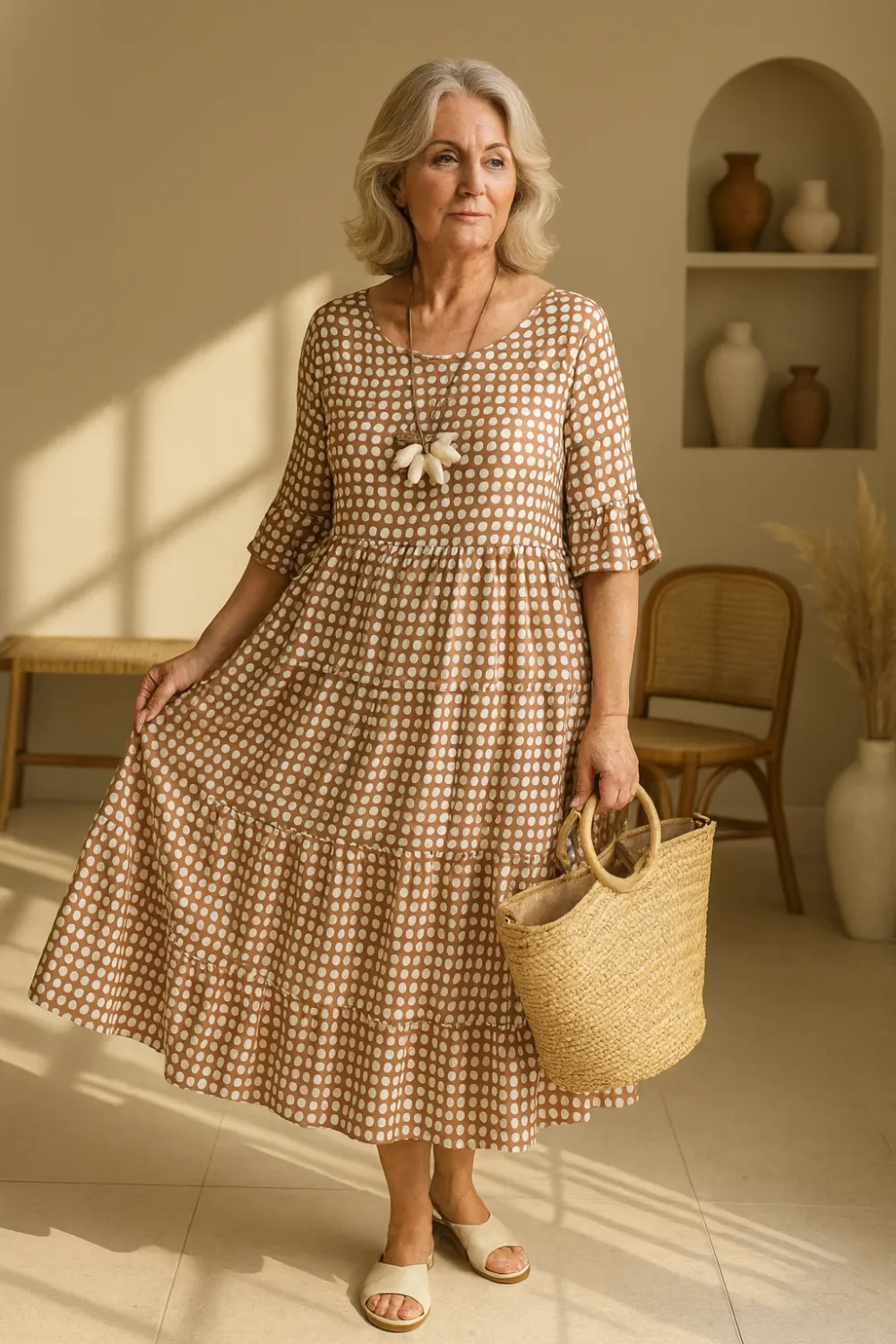  Short Sleeve Polka Dot Midi Dress