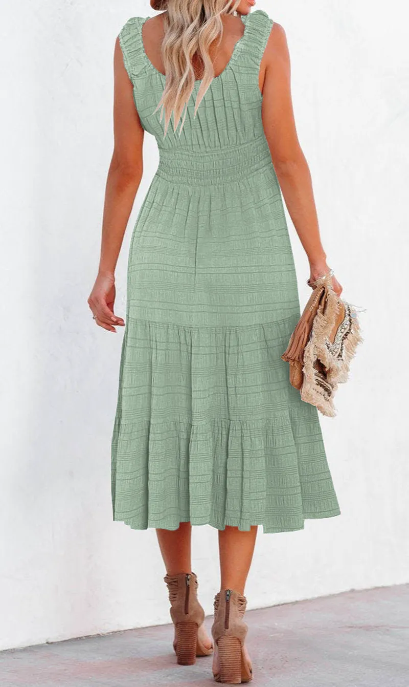 Sleeveless Square Neck Shirred Pleated Casual Midi Dress
