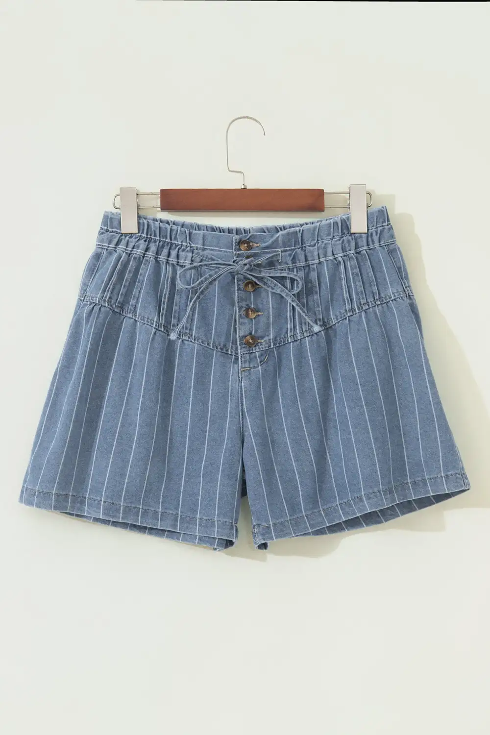 High-Waist Drawstring Pleated Striped Denim Shorts