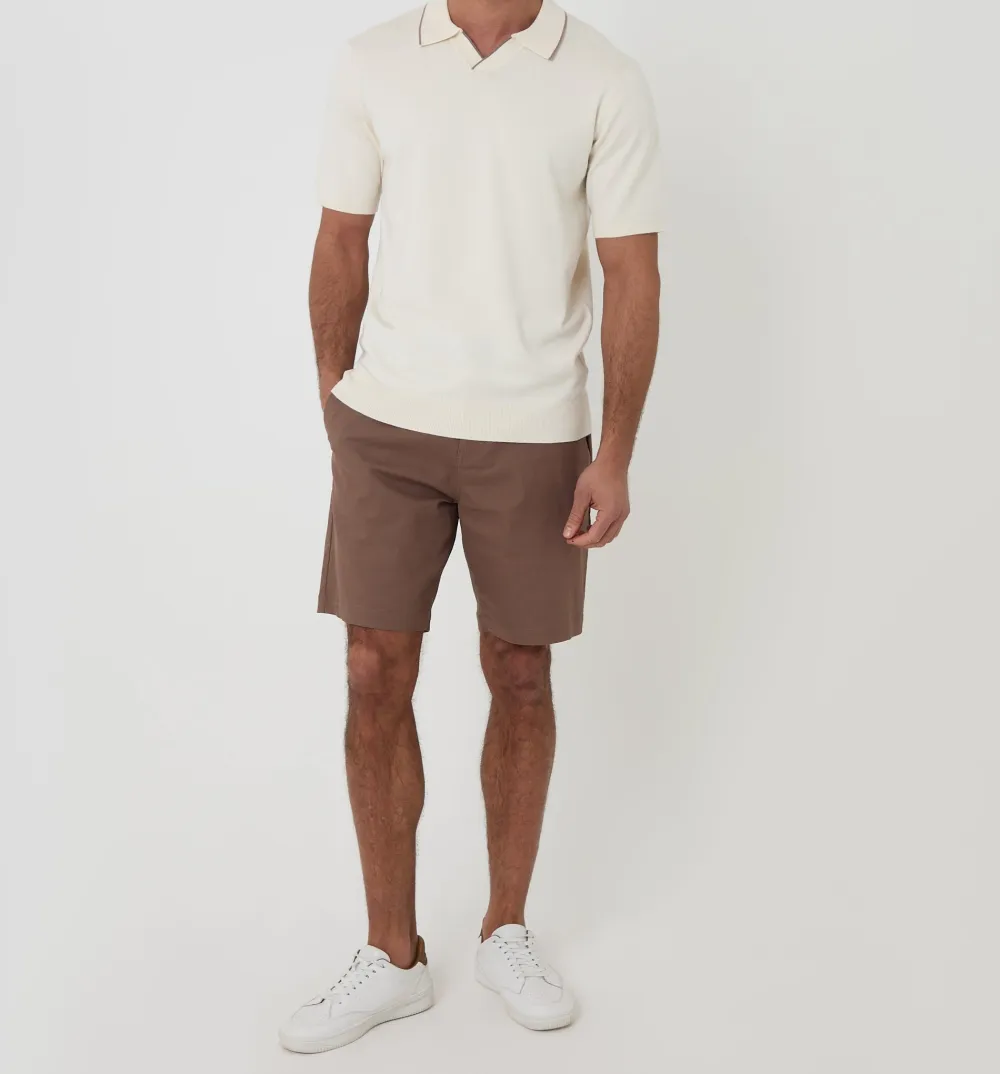 Men's Ecru Knitted Contrast Tipping Open-Collar Polo