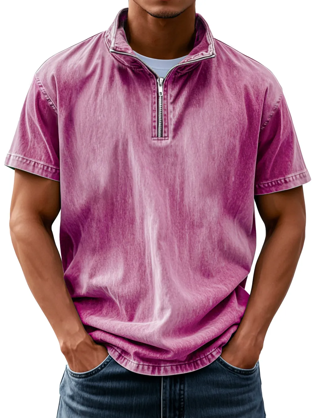 Short Sleeve Stand Collar Zip Front Shirt
